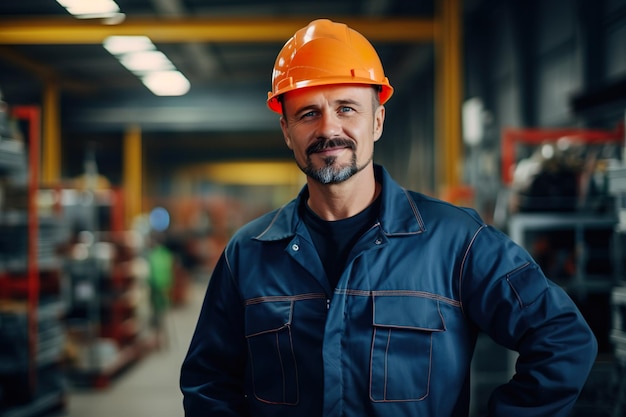 Мужчина, работающий на фабрике с шлемом.