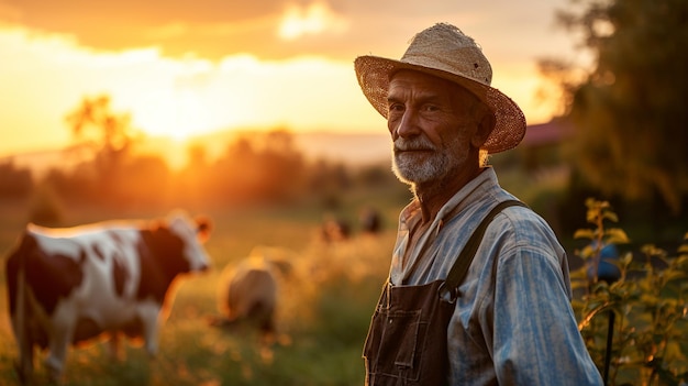 Foto contadino maschio sullo sfondo delle mucche