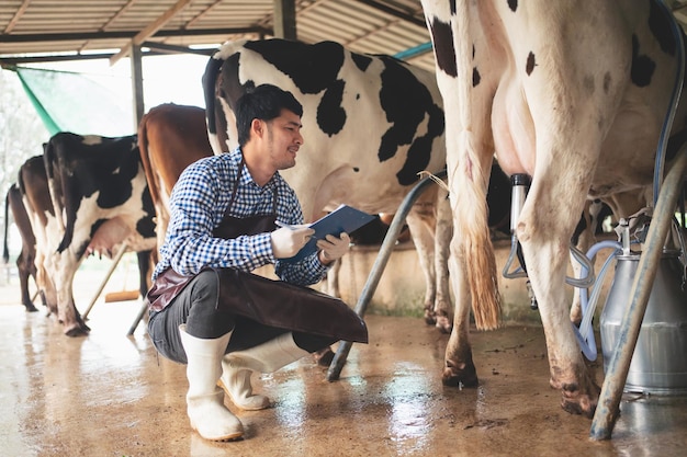写真 酪農場で家畜と牛乳の品質をチェックする男性農家農業産業農業と畜産の概念干し草を食べる酪農場の牛カウシェッド