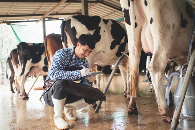 사진 낙농장에서 가축과 우유 품질을 확인하는 남성 농부 농업 산업 농업 및 축산 개념 낙농장에서 건초를 먹는 소