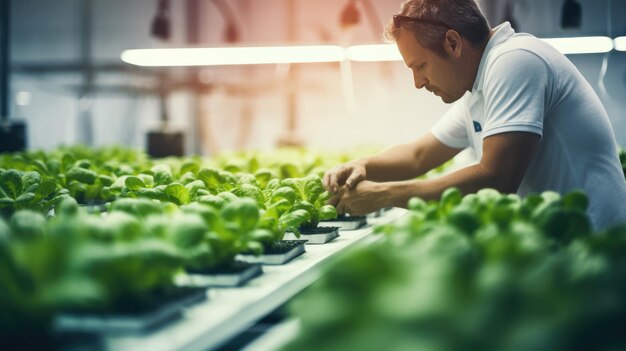 Male farmer checking quality of green lettuce plants growing in hydroponic greenhouse