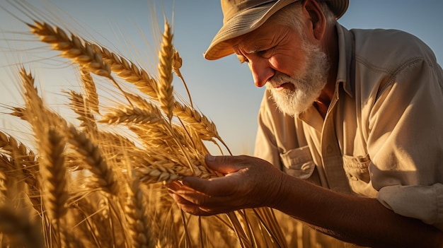 Мужчина-фермер проверяет ростки пшеницы на своем поле