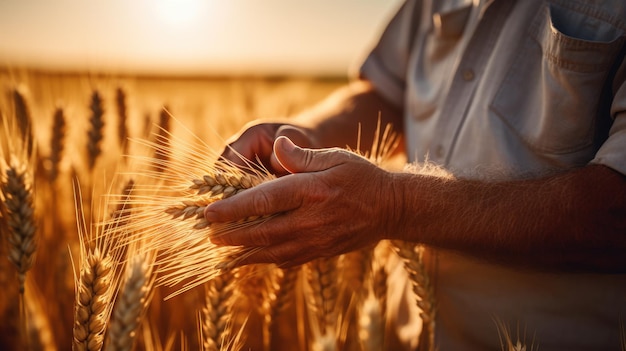 Male farmer checks the wheat sprouts in his field