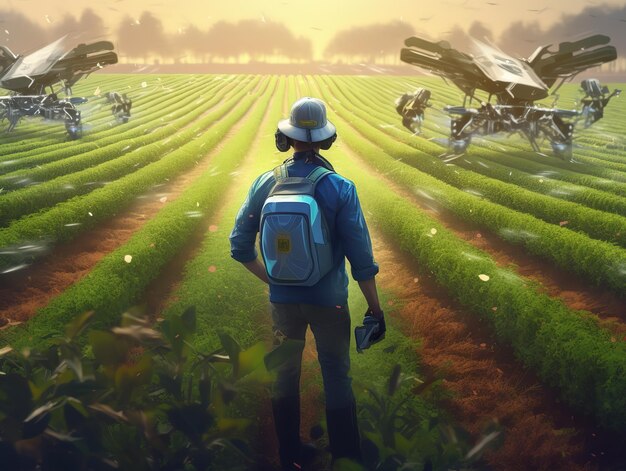 Photo male farmer controlling drones farm online management concept ai generated