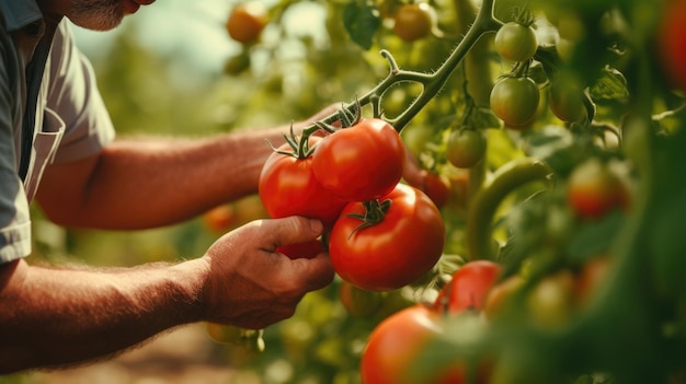 Male farmer harvests tomatoes by hand