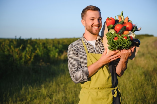 Male farmer holding box with vegetables in field