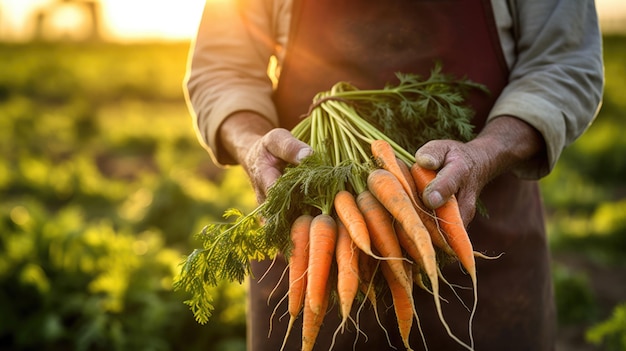 Male farmer holding a carrot crop in his hands