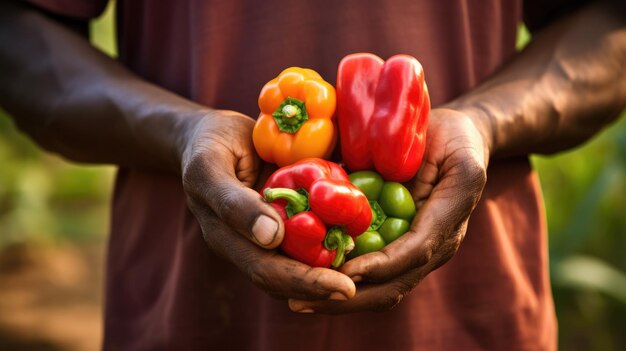 Male farmer holding a crop of peppers