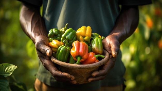 Male farmer holding a crop of peppers