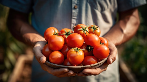 Male farmer holds a crop of fresh tomatoes