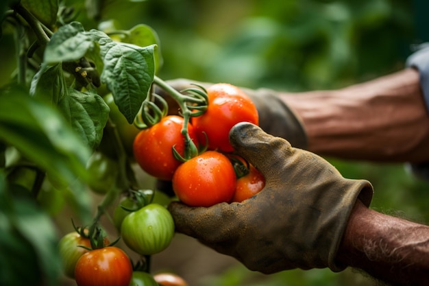 A male farmer holds ripe red tomatoes in his hands