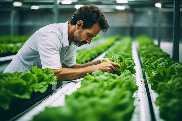 Male farmer inspecting green lettuce plants generative by ai