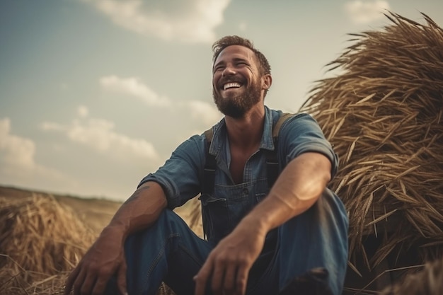 Foto agricoltore maschio vicino a grano dorato che coltiva prodotti ecologici generativi ai