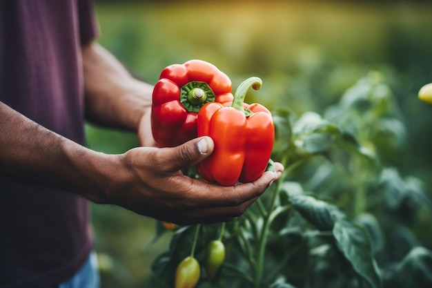 Male Farmer Picks Sweet Red Bell Pepper from the Crop