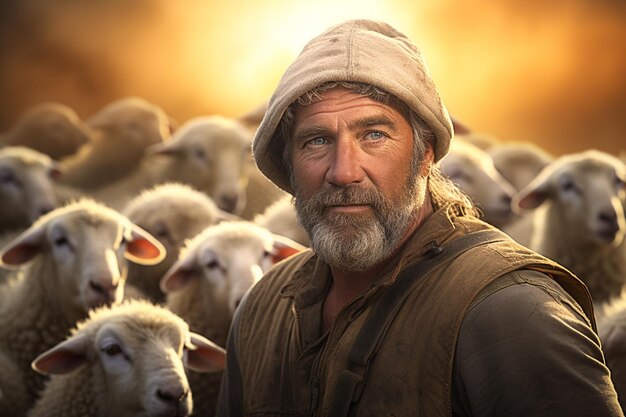 Photo male farmer on sheep farm in the daytime with generative ai