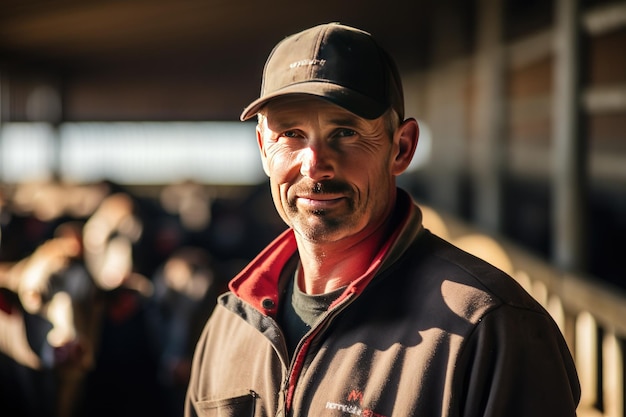 Photo male farmer smiling inside cow farm pen