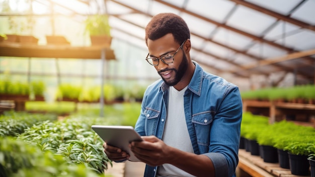 Male farmer stands and holds tablet in her hands in greenhouse