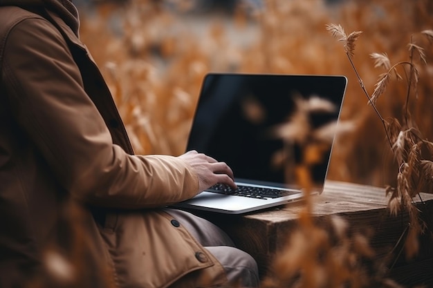 male farmer using digital laptop computer in the agricultural field at autumn closeup on hands