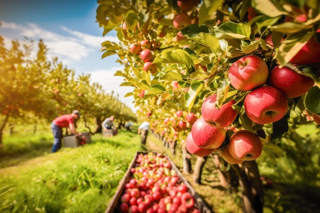 Мужчины-фермеры собирают яблоки во фруктовом саду