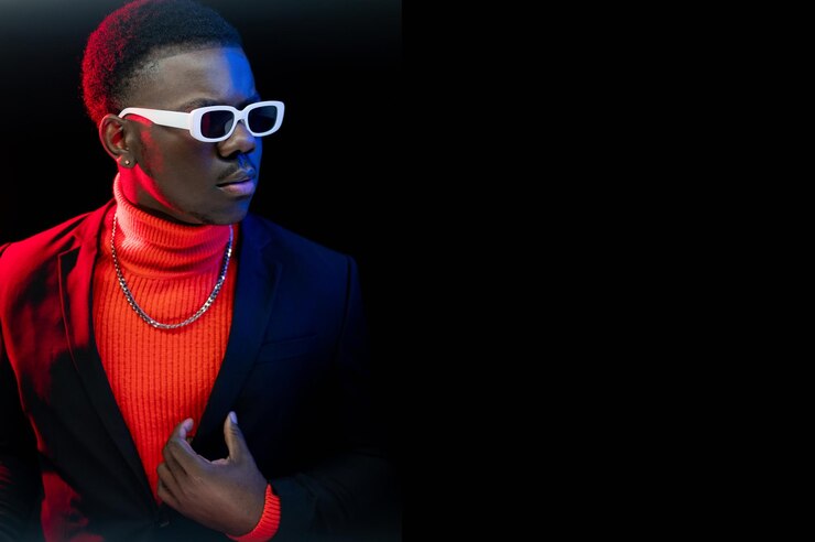 Male fashion clothing banner brutal style handsome stylish cool confident man in trendy sunglasses