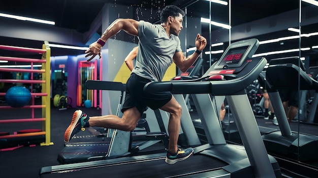 Male feet in sneakers running on the treadmill at the gym exercise concept