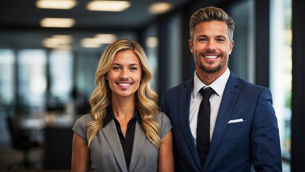 Foto una coppia di uomini e donne di affari che posano sorridendo al loro ufficio commerciale guardando la telecamera