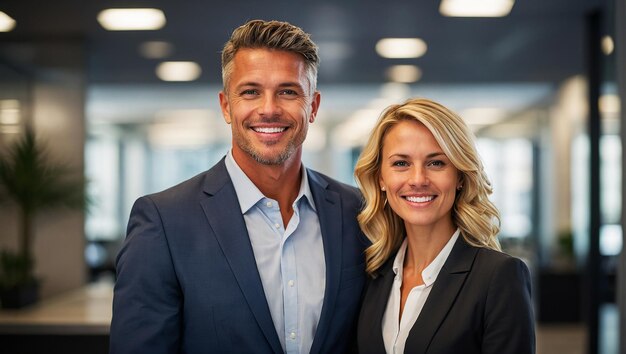 Photo male and female business couple posing smiling at their business office looking at the camera