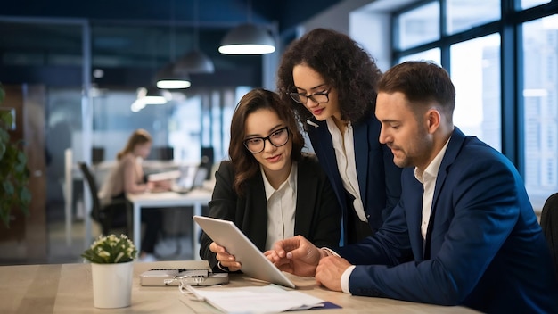 Male and female business people working on tablet in office