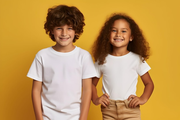 Male and female child boy and girl siblings wearing bella canvas white shirt mockup at yellow background Design tshirt template print presentation mockup AI generated