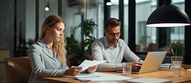 Male and female colleagues analyzing reports in office Copy space available