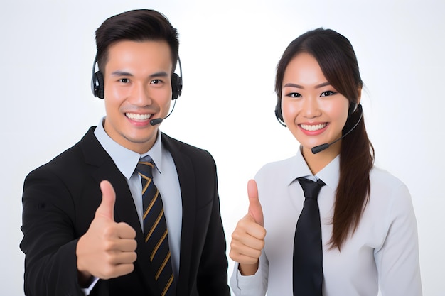 male and female customer service person giving a thumbs up and smiling