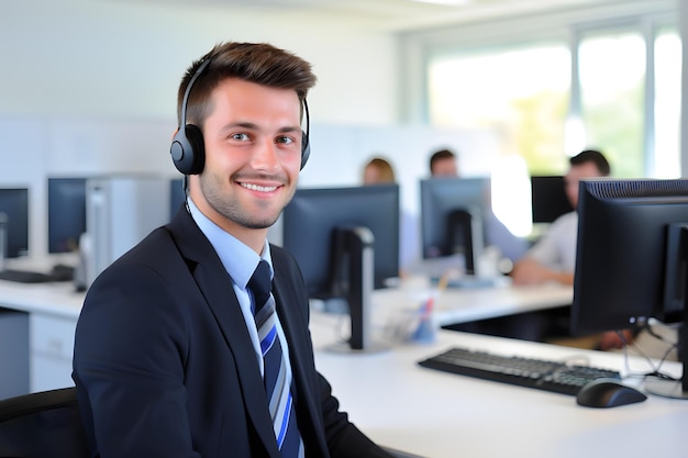 male and female customer service support in desk office background smile