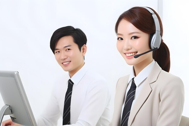 Photo male and female customer service support in desk office background smile