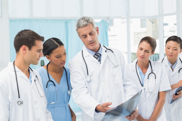 Male and female doctors examining x-ray