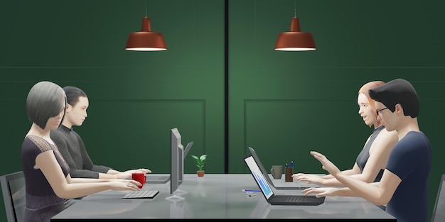 Male and female employees in a modern workplace Desk work Colleagues Businessmen using laptop