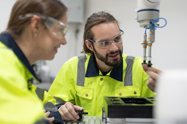 Male and female engineer training programmable and design AI robot arm simulation in academy robotic