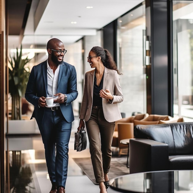 Photo male and female entrepreneurs discussing while walking together in hotel lounge