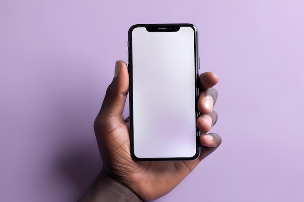 Male or female hands holding smartphone with blank white screen isolated on purple background black man using device copy space mockup or template for presentation generative ai