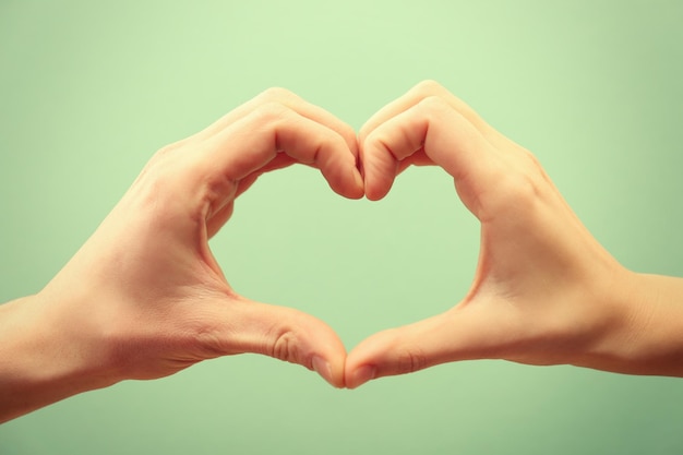 Male and female hands making heart with fingers on turquoise background