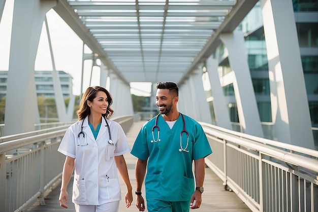 Male and female healthcare professional walking on bridge leading towards hospital