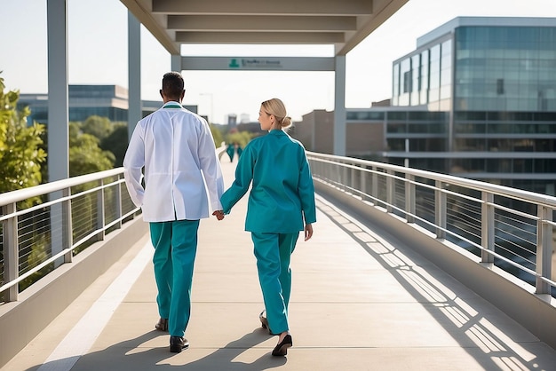 Male and female healthcare professional walking on bridge leading towards hospital