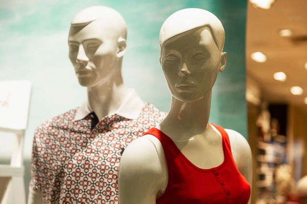 Male and female mannequins in the window of a clothing store.\
fashion & style. close-up.