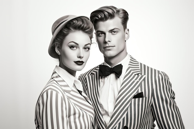 Photo male and female models in vintage clothes strike a pose on white for a luxurious elegant look