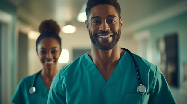 male and female nurse working at nurses station