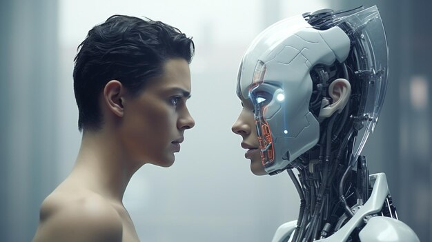 Male and female robot looking into each other eyes