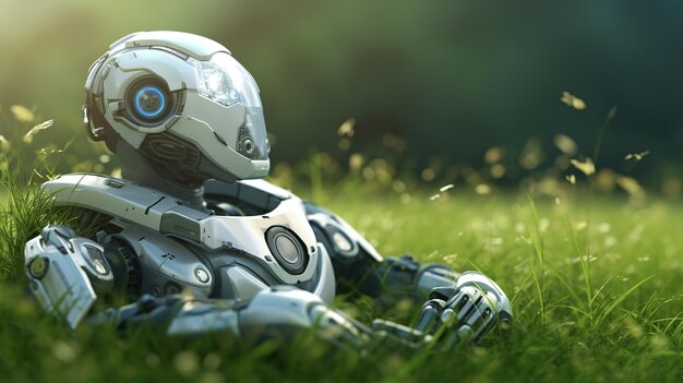 Male and female robot standing on flower meadow 3D rendering