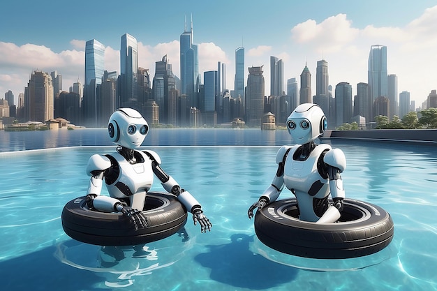 Male and female robot with floating tires swimming in pool in front of city skyline 3D rendering stock illustra