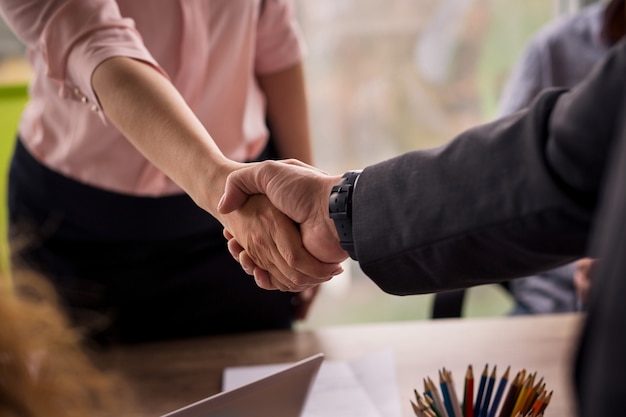 Male and female shaking hands on business deal.