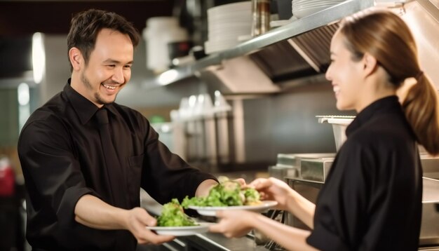 レストランで食事を提供する男性と女性のスタッフ