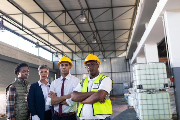 Male and female staffs standing together in warehouse